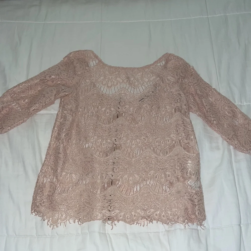 Zara Tan Cropped Embellished Sheer Blouse with 3/4 Sleeves Size Small